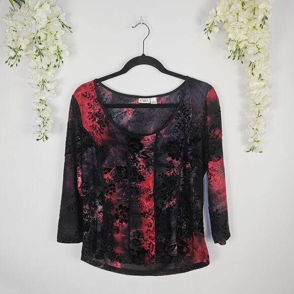 Cato Tops - Cato Floral Red Black Burnout Top Sz Large Sheer Gothic Romantic Stretch Blouse